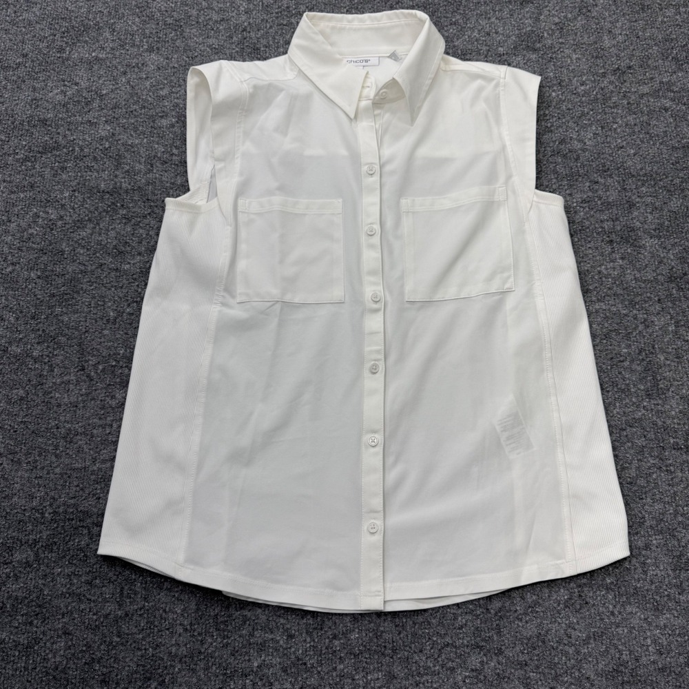 Chico's White Sleeveless Button Down Shirt Ribbed Side Panels Size 0 US 4